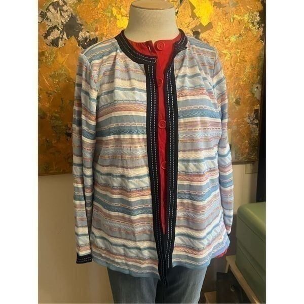 Misook Acrylic Knit Open Front Pastel Striped Lightweight Cardigan W/ Black Trim