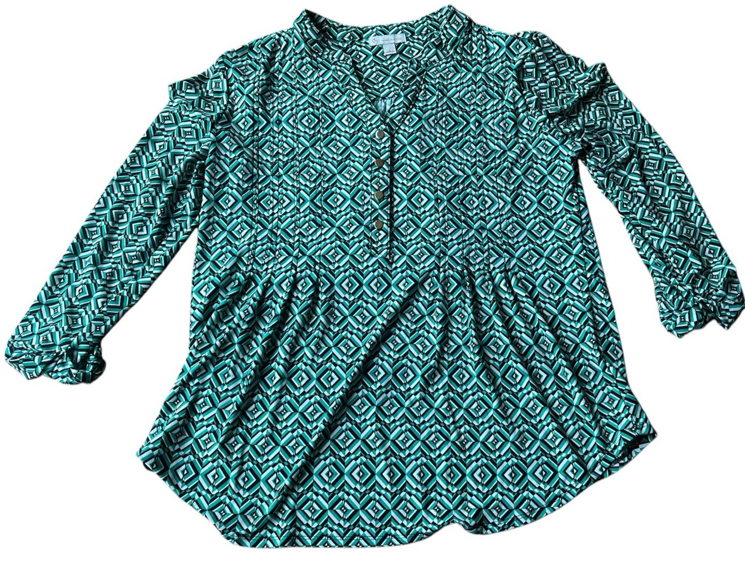 Dress barn large geometric blouse with gold buttons