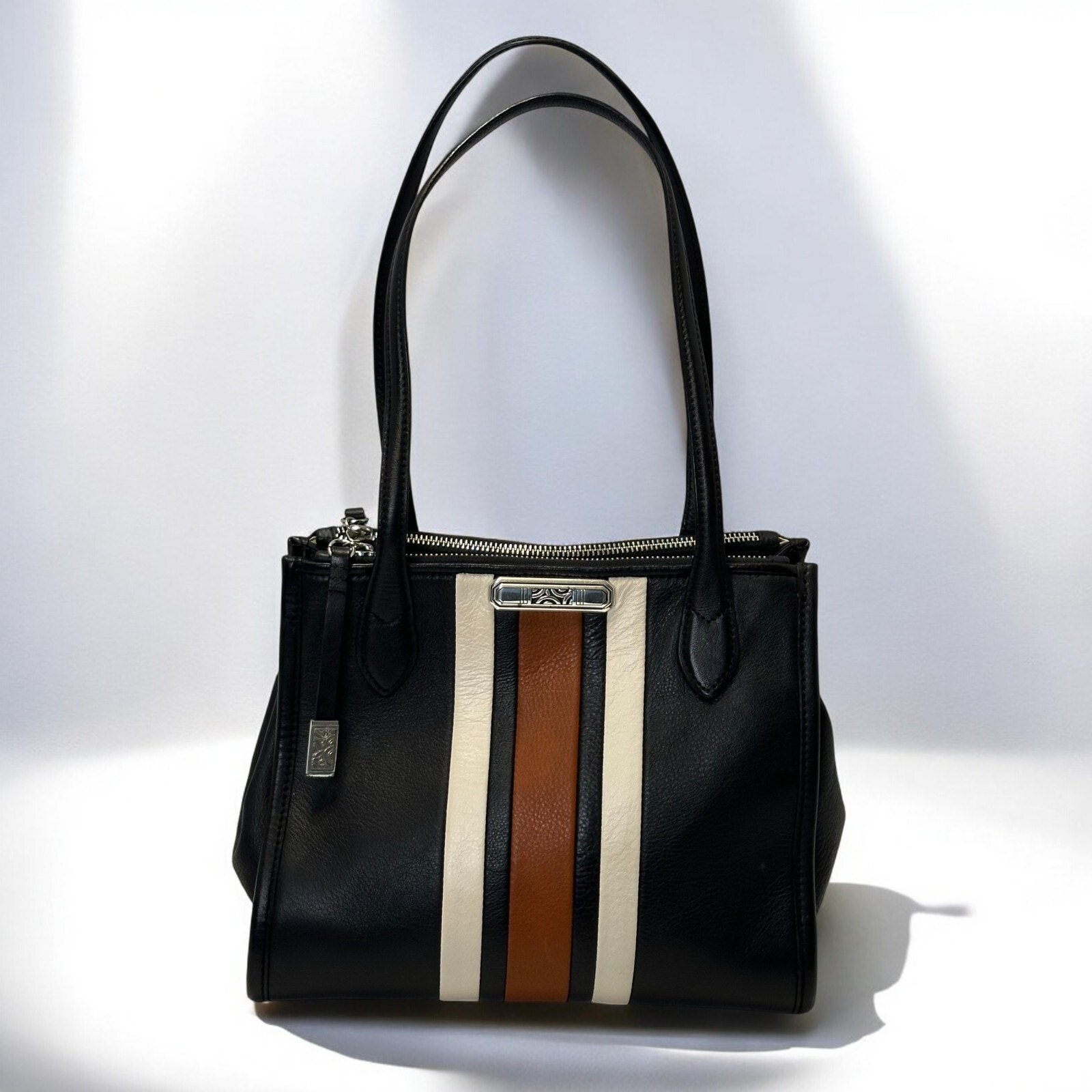 Brighton Retired Danica Double Zip Tote Handbag Retro Black Brown Beige Striped
