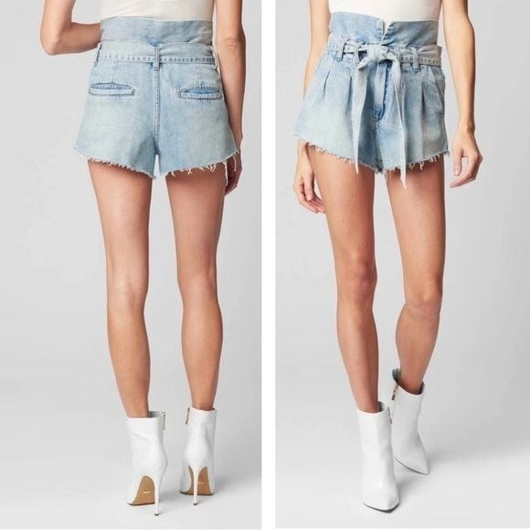 BLANK NYC Caribbean Blue Raw Edge Hem Paperbag Self-Belt Denim Shorts Size 28