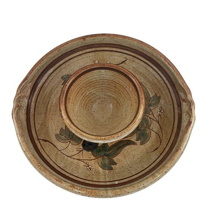 Handmade Studio Pottery Earth Tones Chip & Dip Party Platter Bowl Floral 13