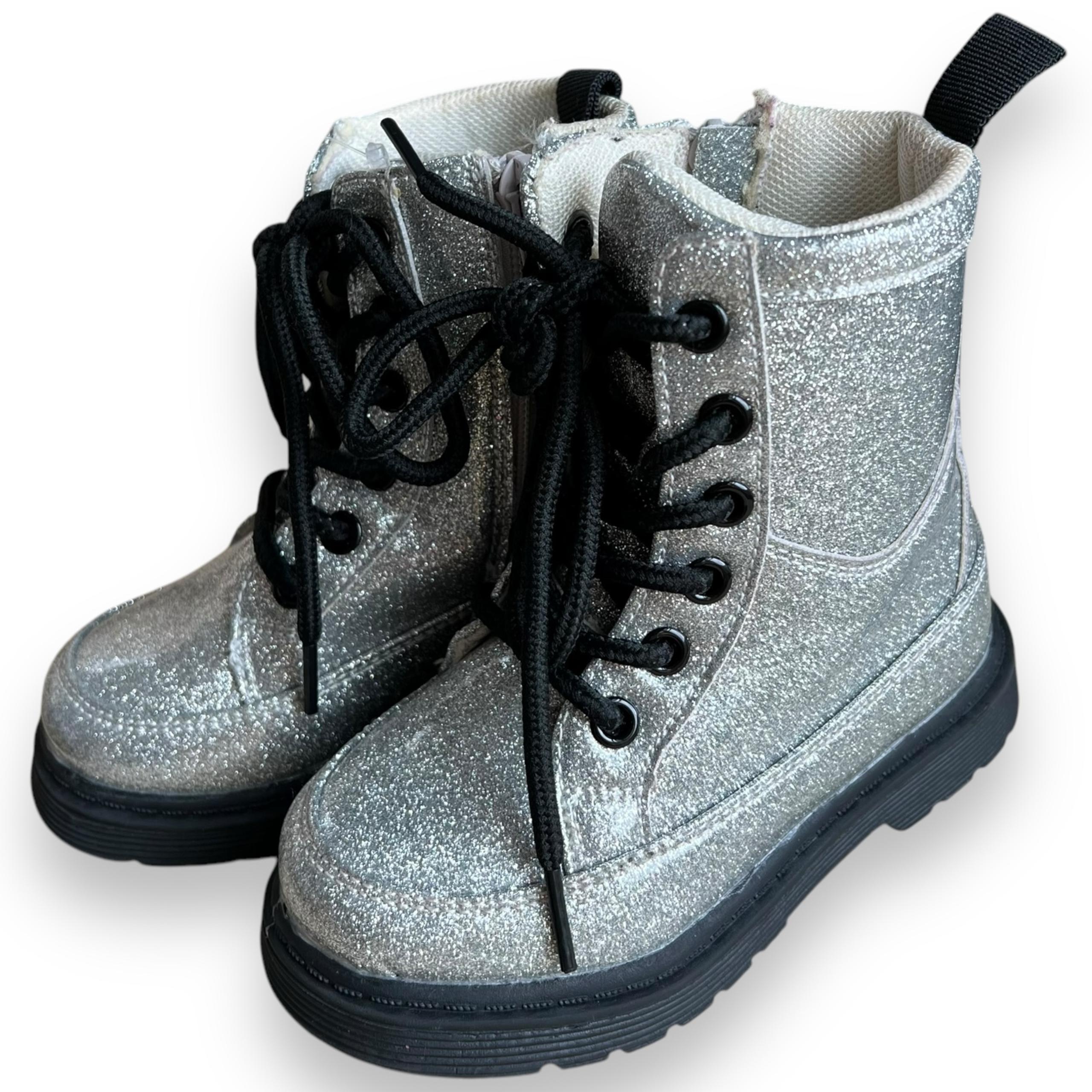 Adrienne Vittadini silver sparkly high top moto boots shoes girl size 7