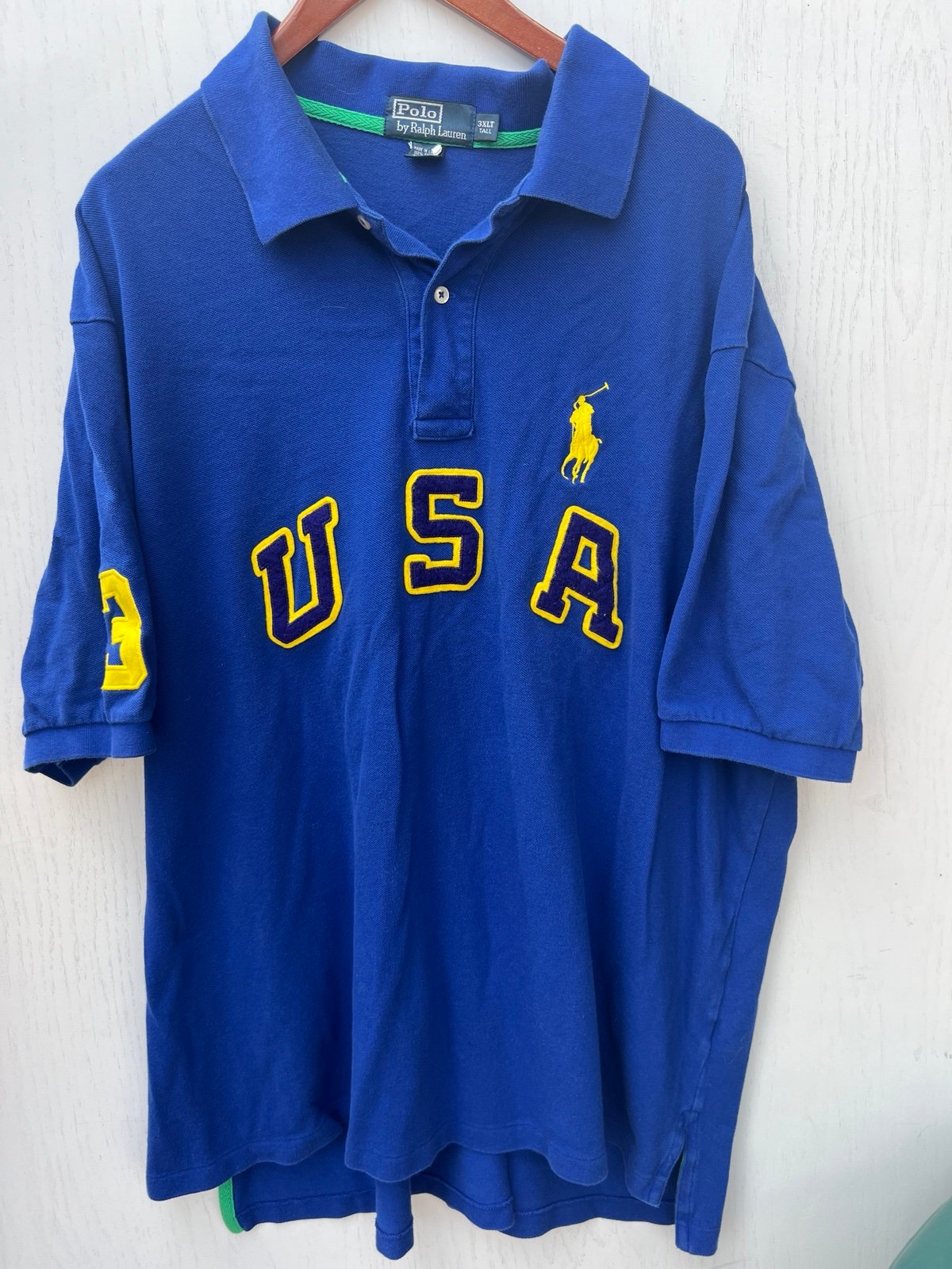 Polo Ralph Lauren USA #3 Embroidered Patch Polo Shirt Blue Yellow Men’s 3XLT
