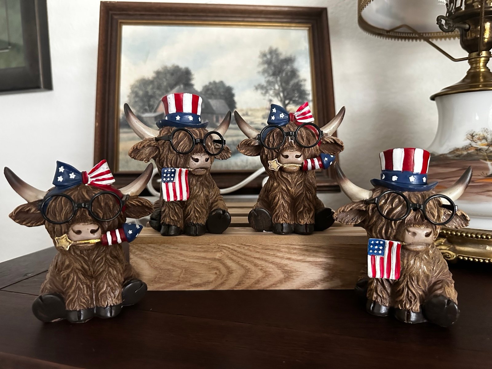 TWO SETS Patriotic 4th of July Highland Cow Resin Figurines