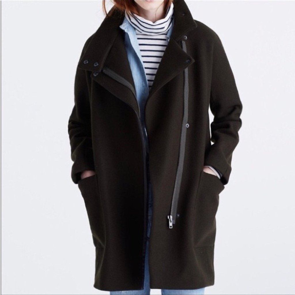 Madewell City Grid Olive Green Wool blend Coat with Leather Trim Size 00