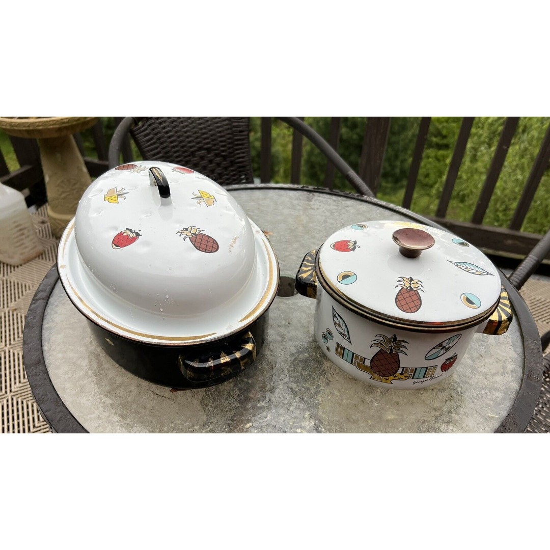 Vintage Georges Briard Ambrosia Enamelware 2-qt White Fruit Sauce Pan & Roaster