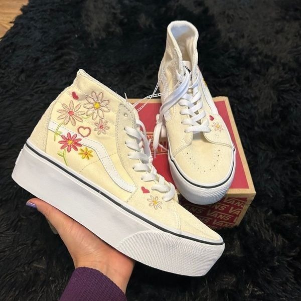 VANS sk8-hi top tapered stackform beige embroidered floral print platform shoes