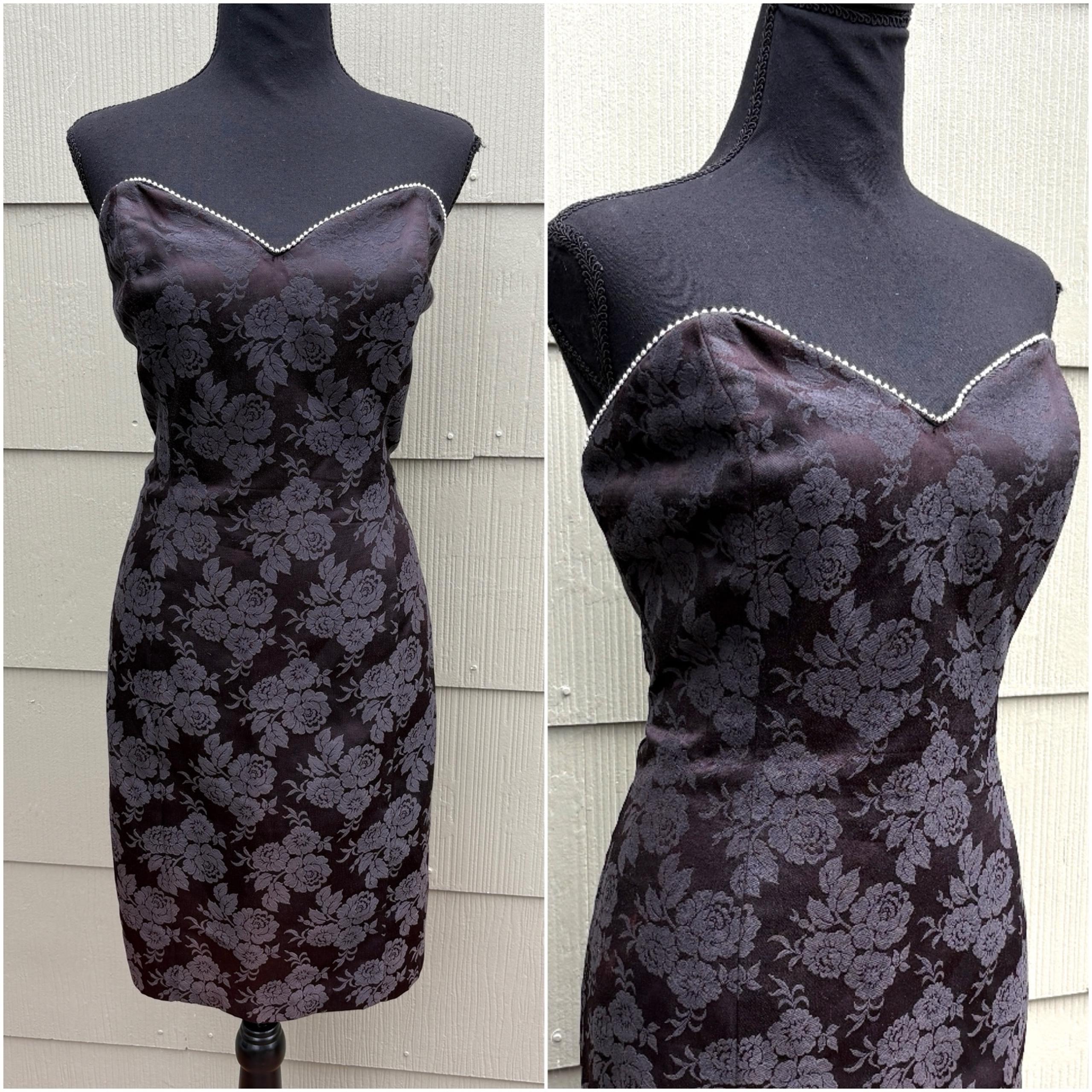 vtg BETSY & ADAM 80s Goth Punk Jacquard Floral Studded Strapless Party Dress