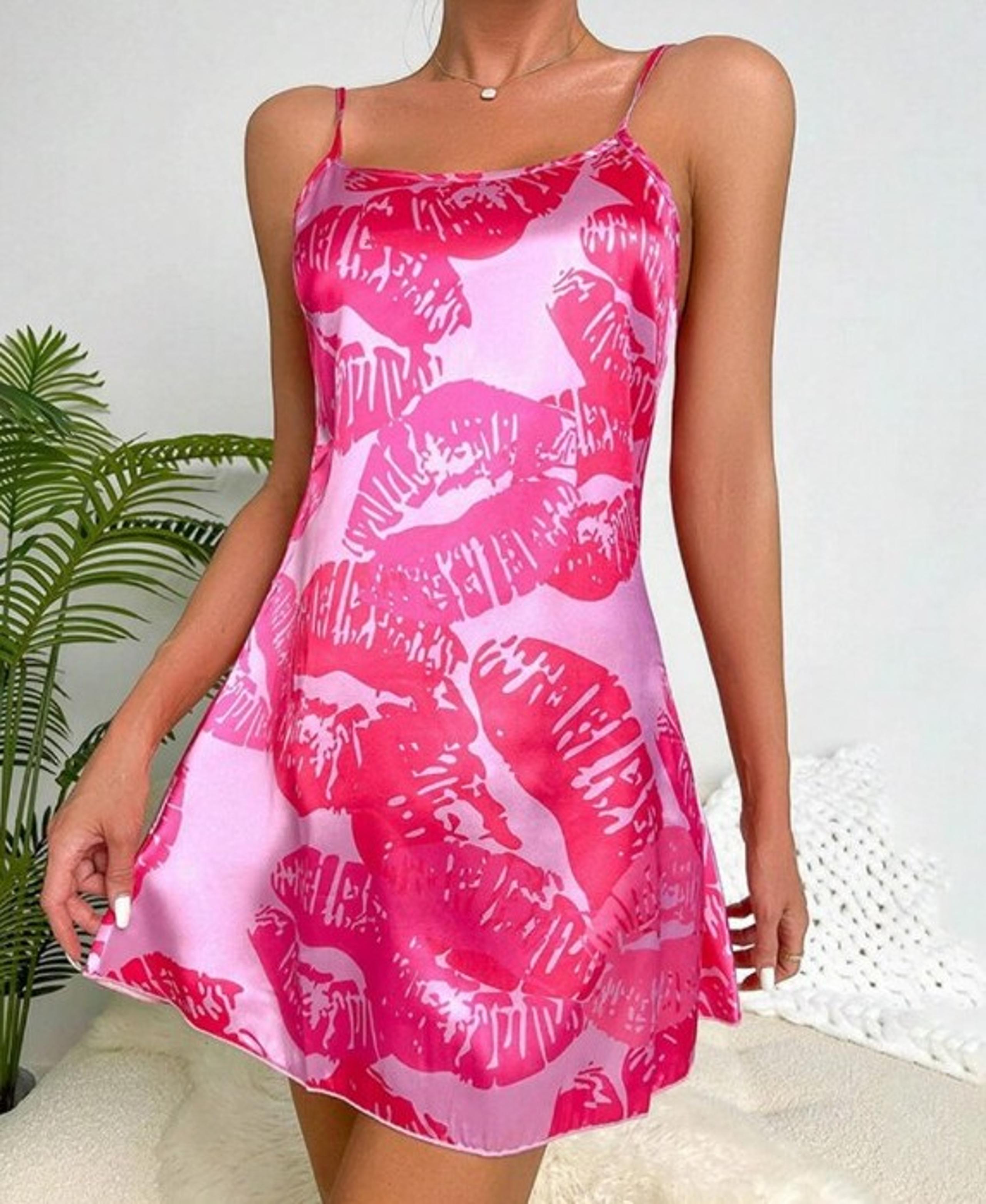 Pink Kiss Lip Prints Lingerie Satin Mini Slip Dress Nightgown PJ's Lounge Wear