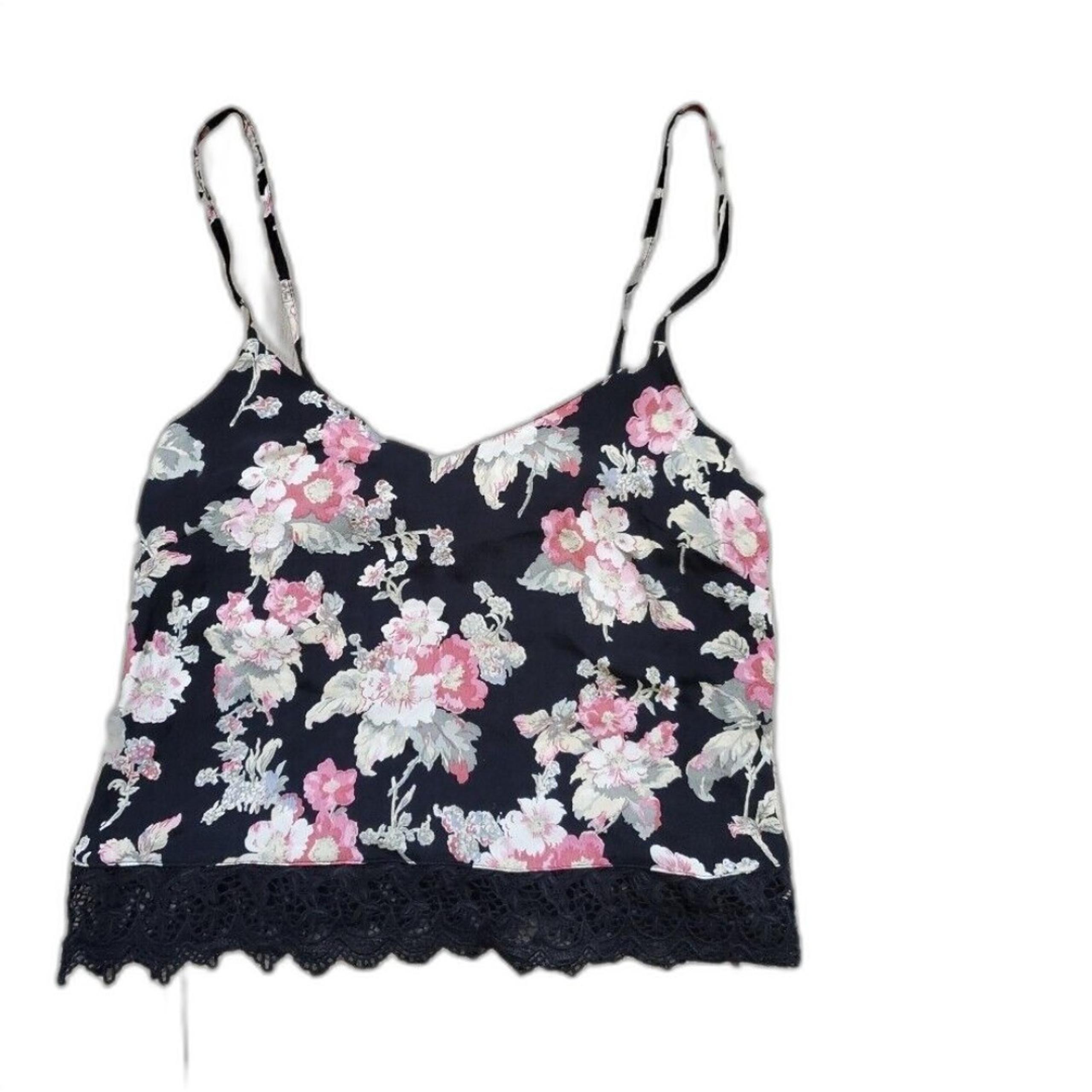 Topshop Tank Top Women 0 Black Floral Lace Trim Cami Sleeveless Crop Blouse