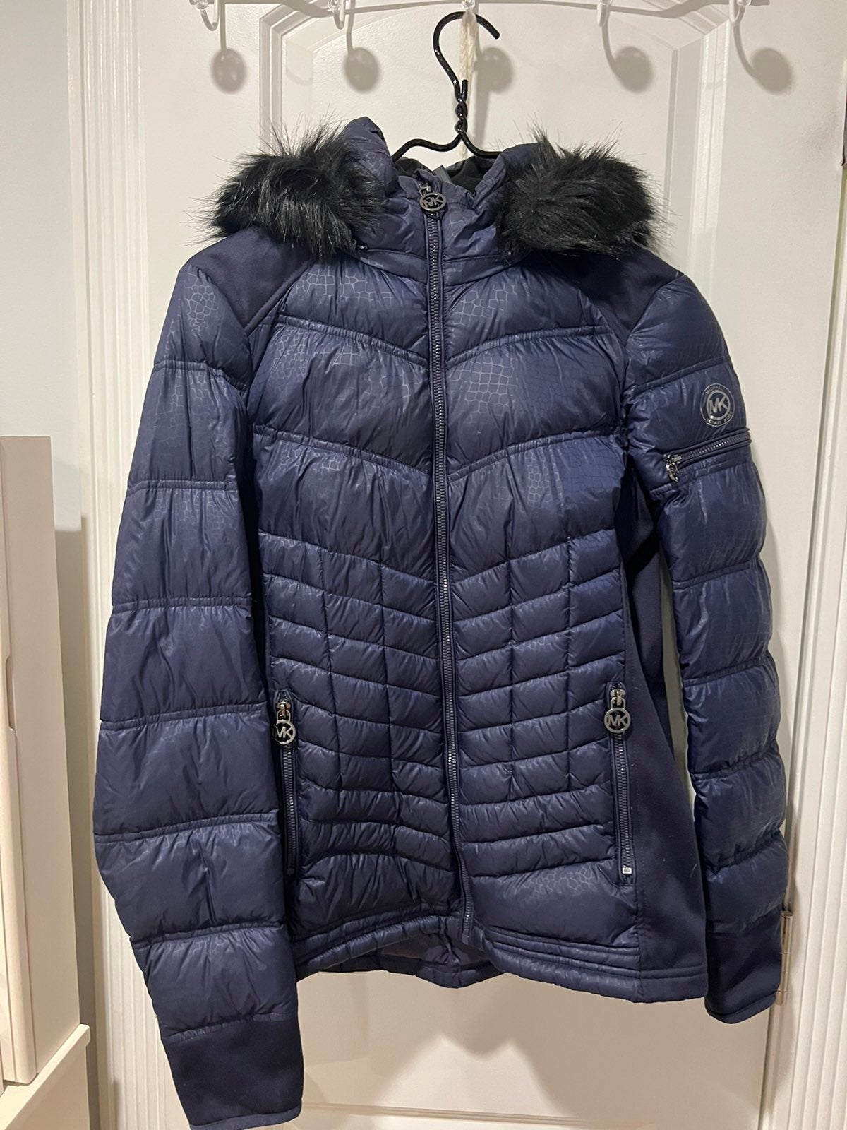 Michael Kors blue Fur hood puffer coat like new small