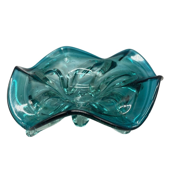 Murano art glass bowl footed Controlled bubble freeform glass turquoise READ