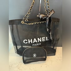CHANEL BLACK MESH BEAUTY TOTE BAG BEACH PURSE MAKEUP TRAVEL SHOULDER CC coco