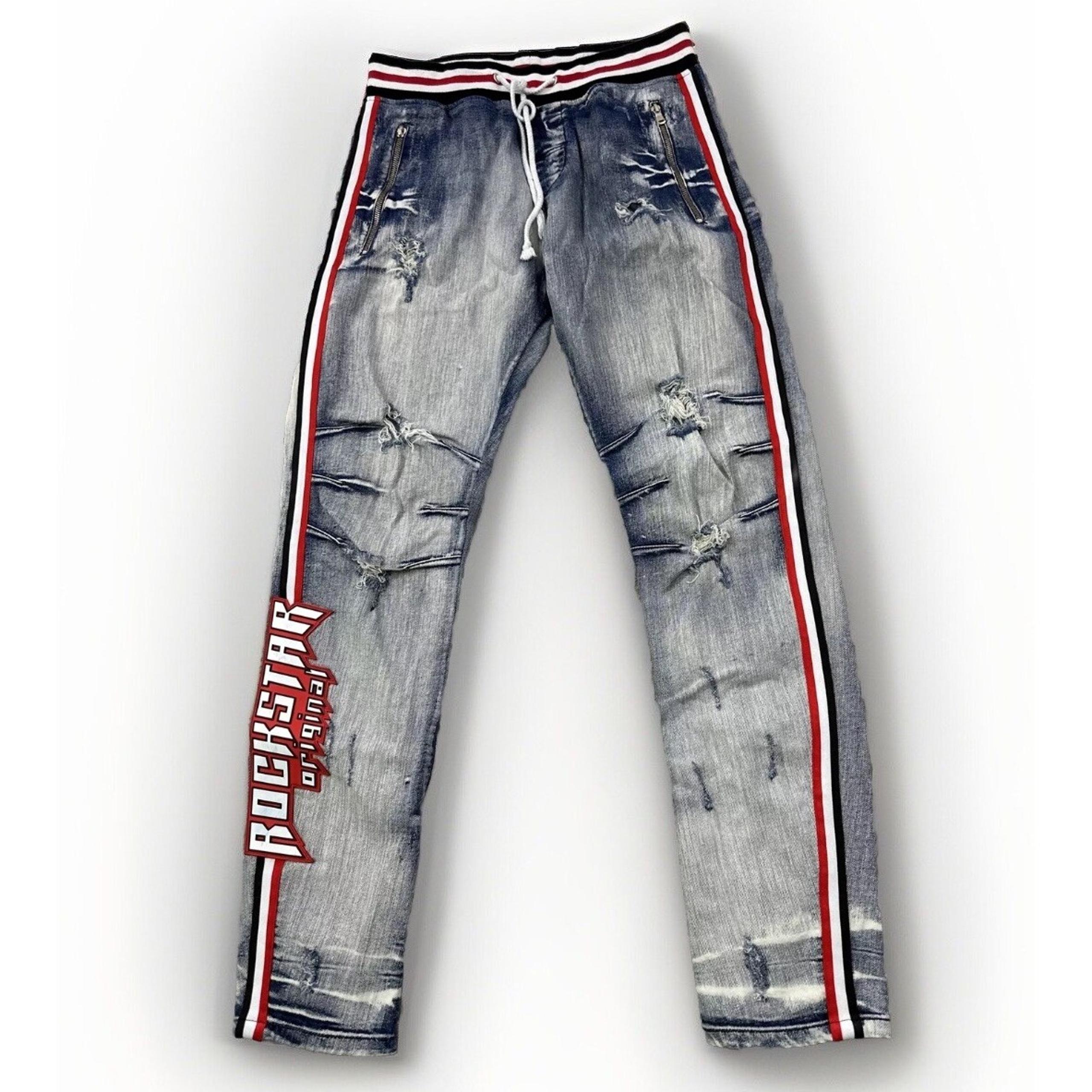 Rockstar Men's Jeans Size 34 (fit 30x31) Distressed Elastic Stripe Waist Zip Leg
