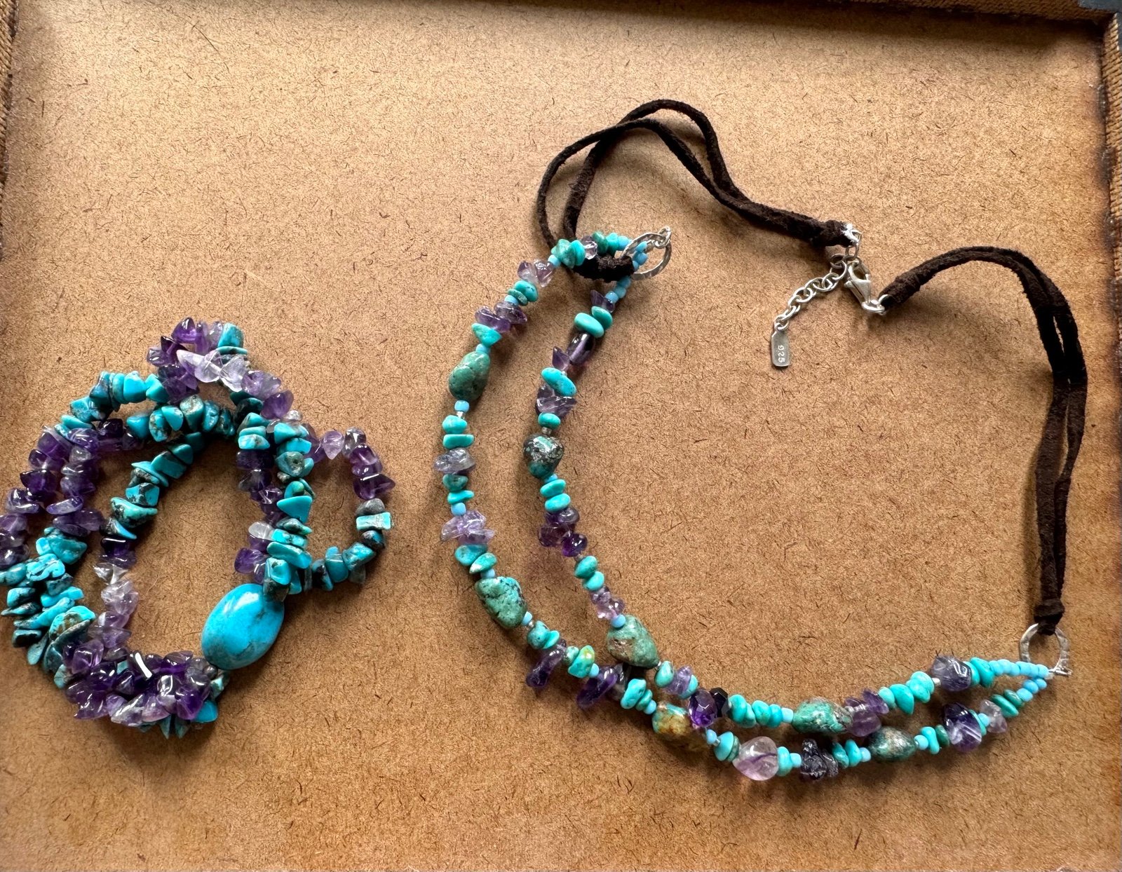 2pc Set Vintage Peyote Bird Necklace Bracelet Turquoise Amethyst 925 silver
