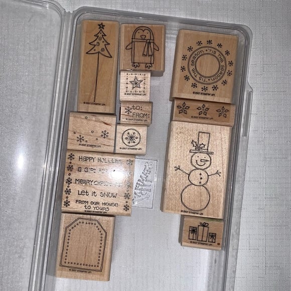 STAMPIN' UP! Punch Pal Set 12 Wood Mounted Stamps Holiday, Snowman, Christmas