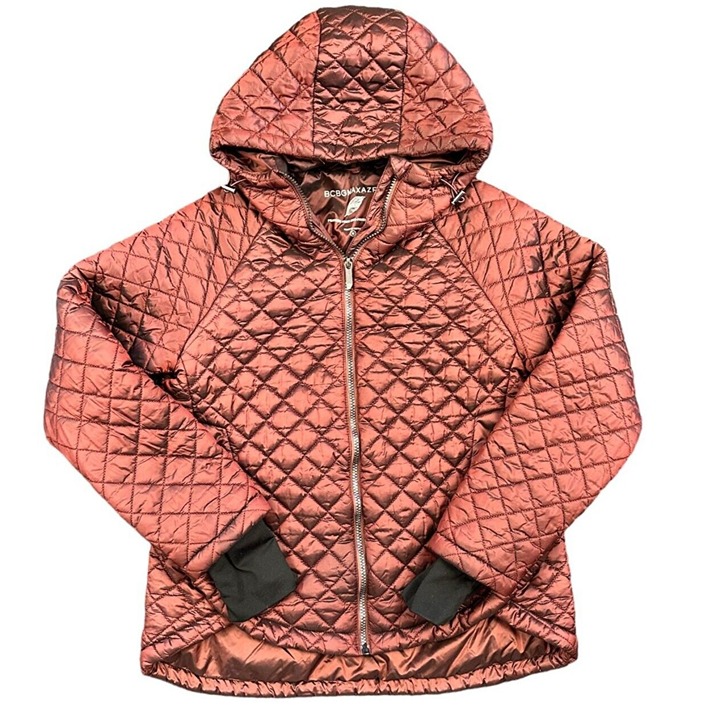 BCBG MAXAZRIA Quilted Puffer Hoodie Jacket Size Medium Feather Free EUC Burgundy