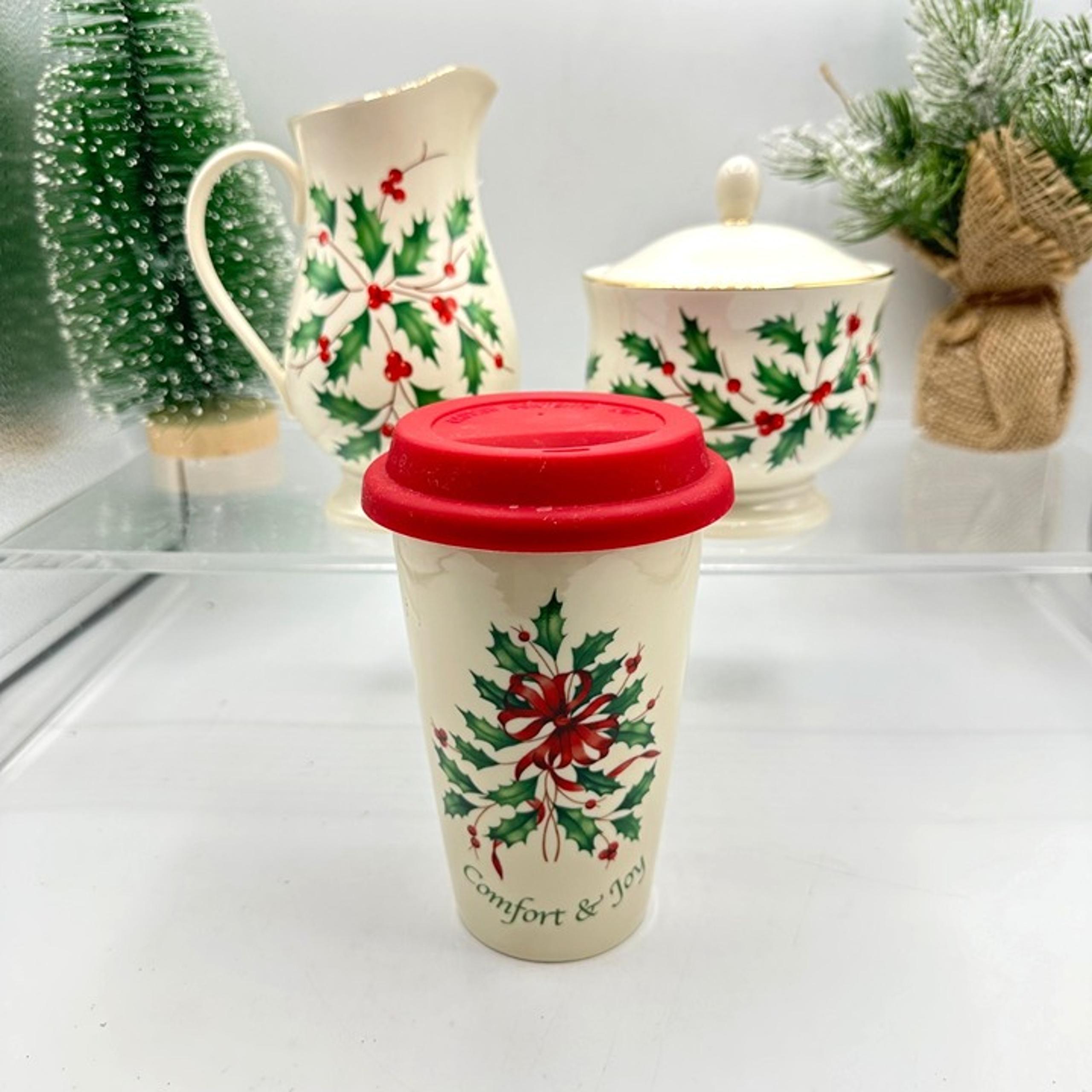 Lenox Holiday Coffee Cup Travel Mug Cream Pitcher Sugar Jar Winter Holly Berries