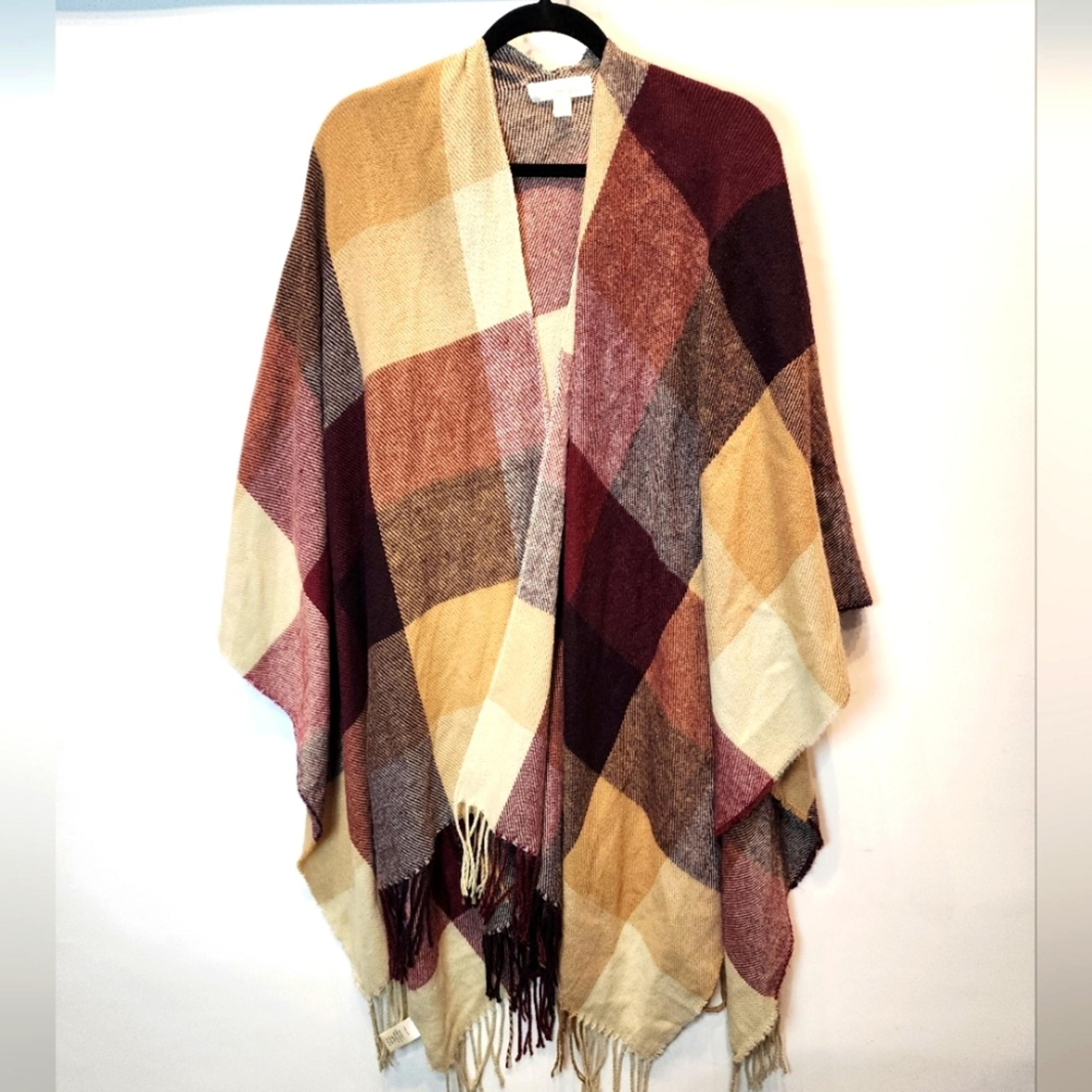 Francesca's Plaid Check Shawl Poncho Fringe Wrap Burgundy Red Tan Black One Size