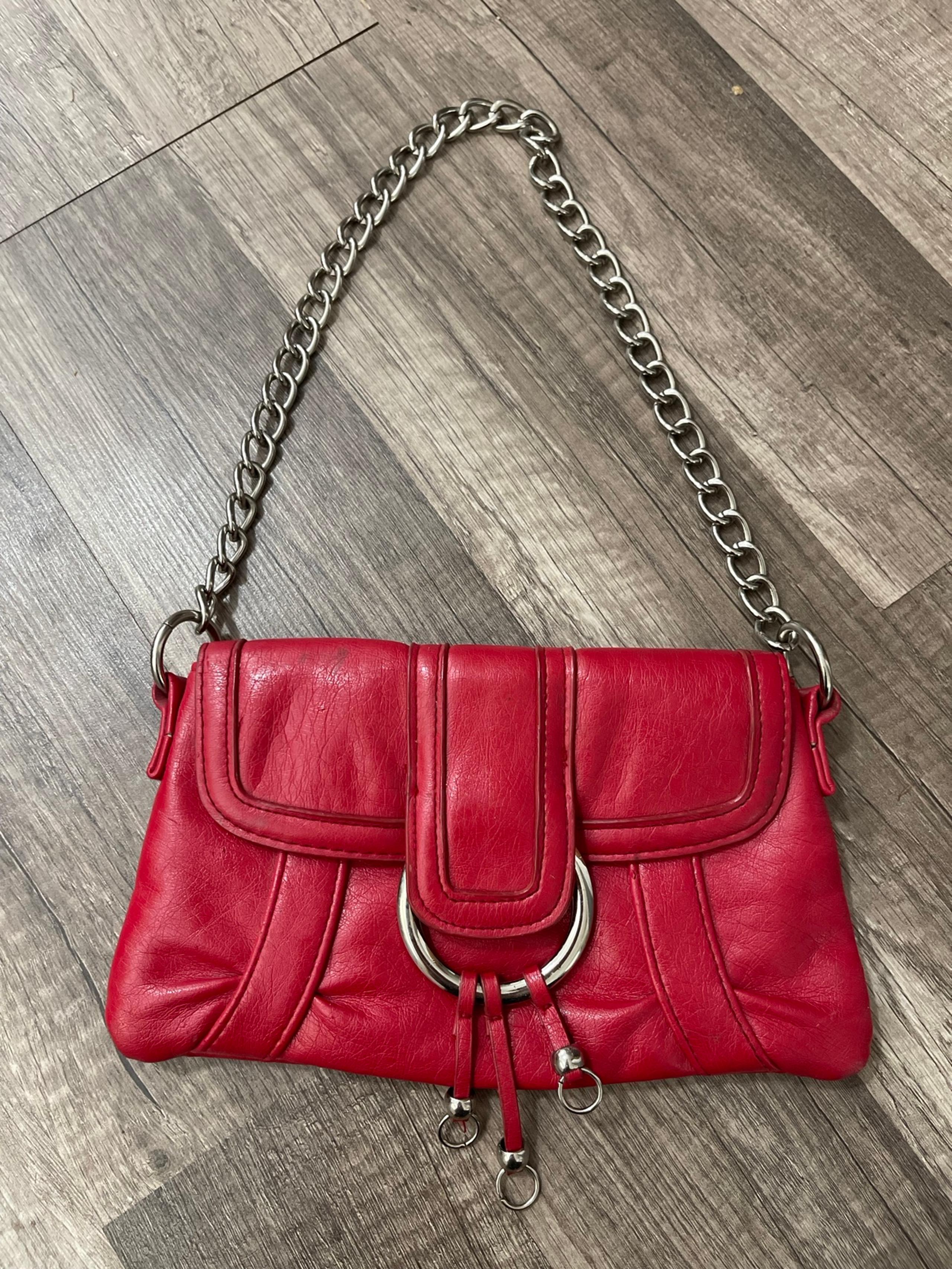 Red leather rock n roll Harley quilted studs bag mini purse chain dollskill goth