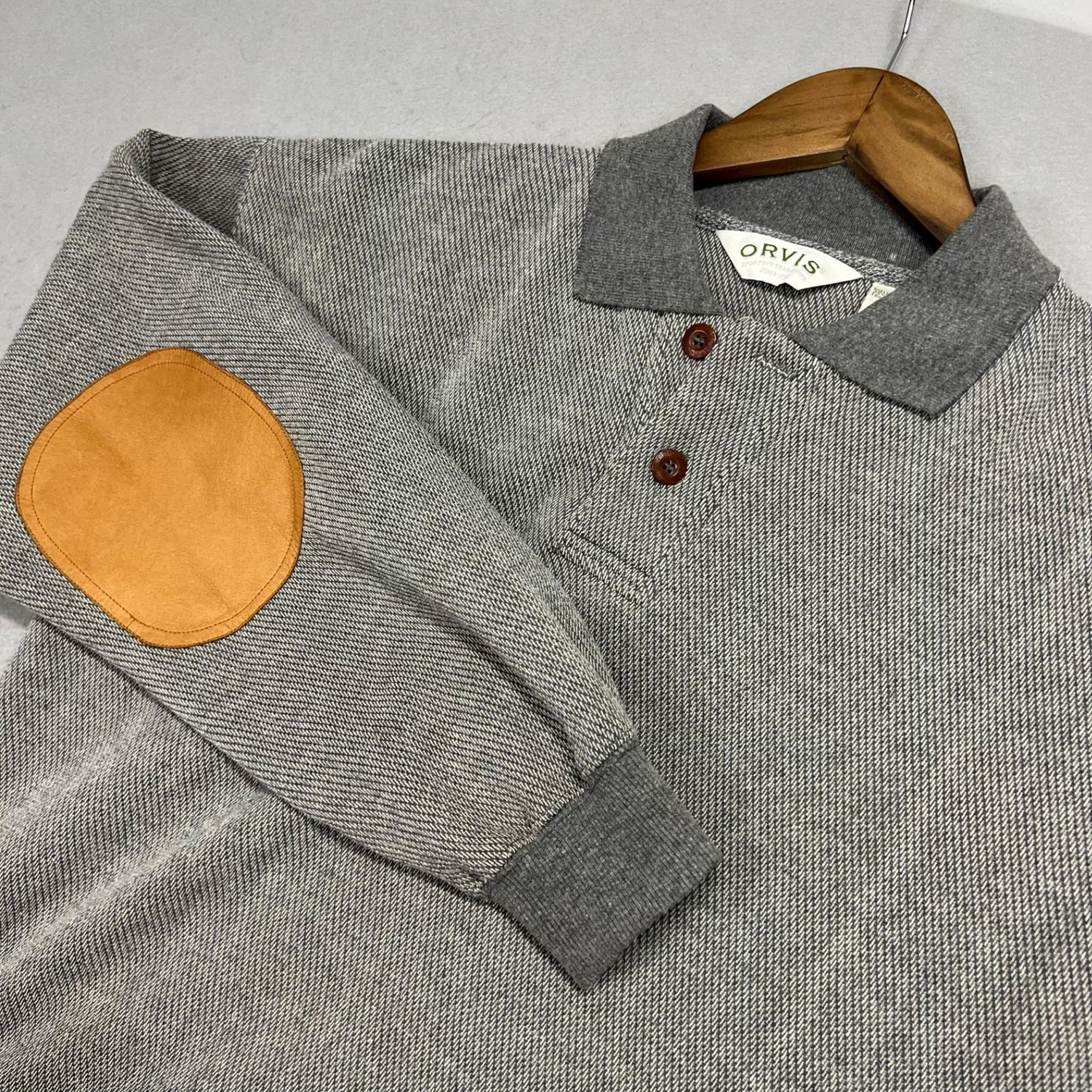 Vintage Orvis Leather Elbow Patch Rugby Long Sleeve Pullover Sweater Gray Mens S