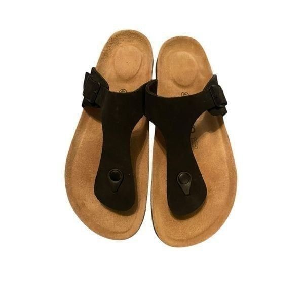 Oleyo Women's Black Genuine Leather Adjustable Buckle Cork Thong Sandals Size 42