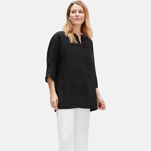 Eileen Fisher Black Organic Handkerchief Linen Split Neck Tunic S
