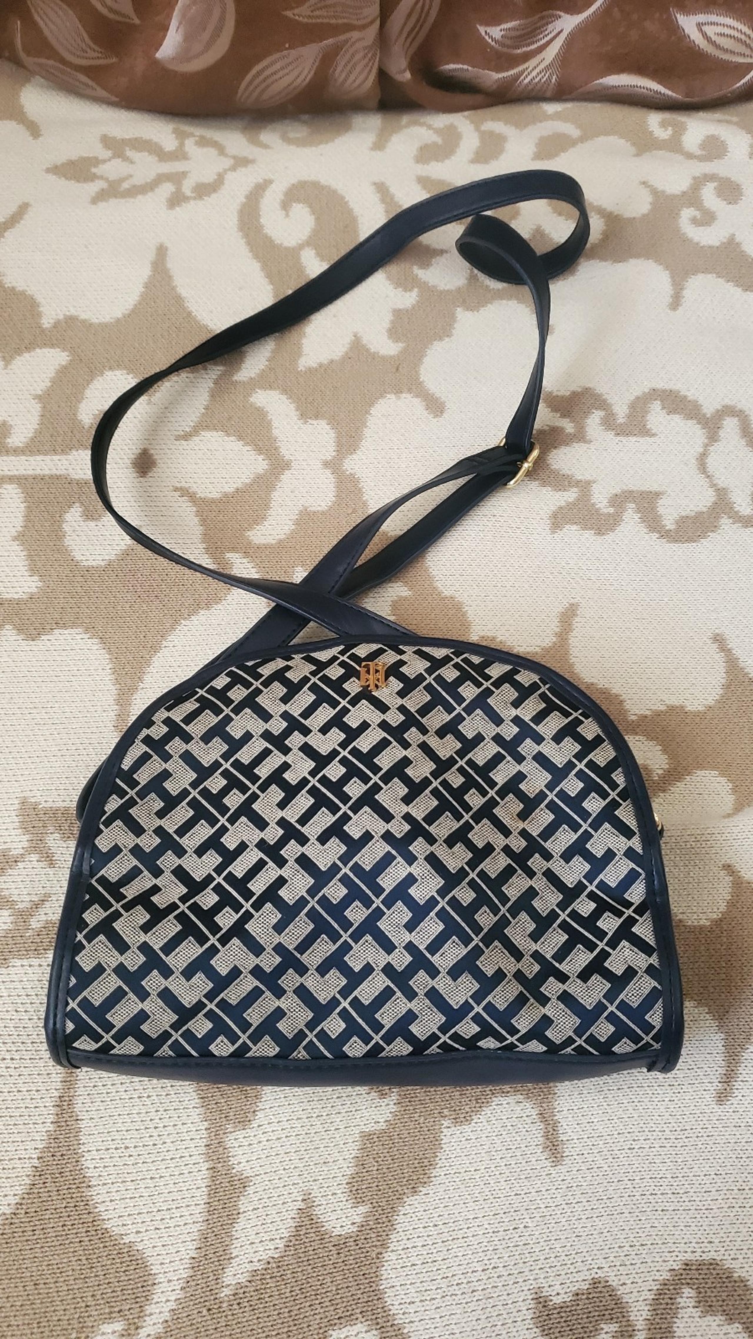 Tommy Hilfiger Crossbody Monogram Dual Zip Pocket Shoulder Bag Blue & White