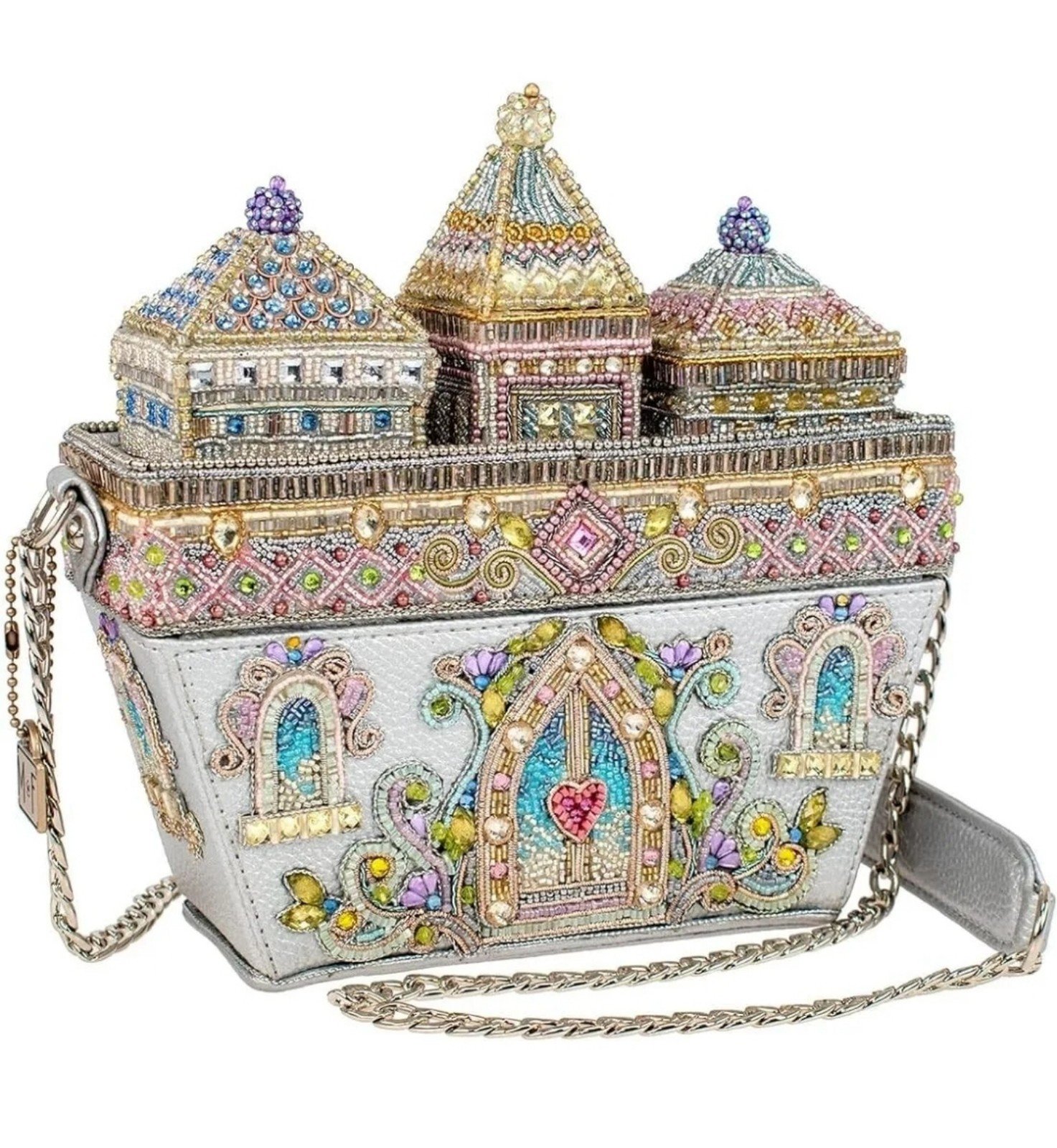 Mary Frances Castles in The Air Crossbody Silver Beaded Leather Handbag Bag New