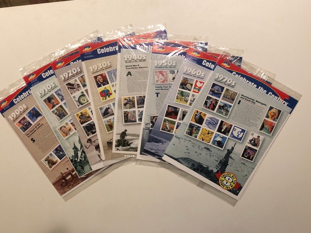 US Postal Stamps Celebrate the Century 1900s -1970s . 8 sets