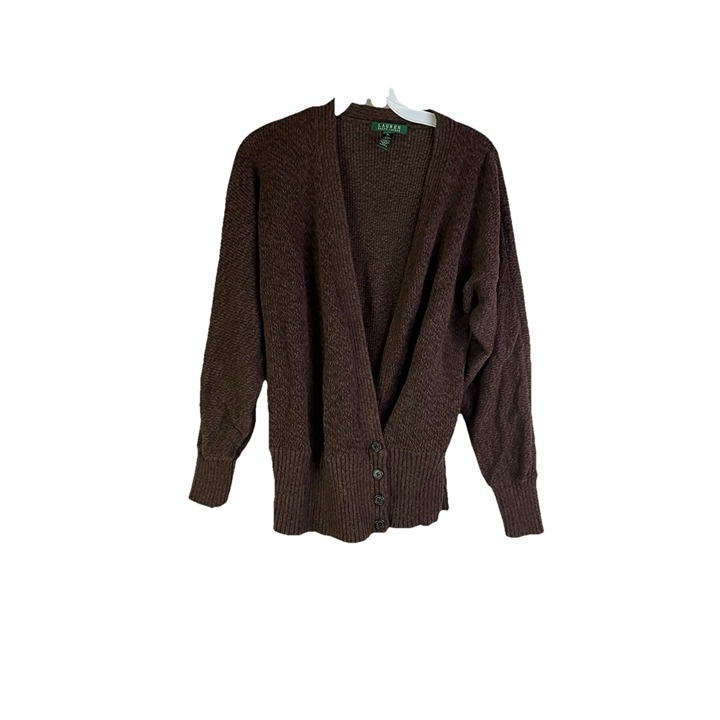 Lauren Ralph Lauren Womens 1XL Cotton Knit Wrap Cardigan Sweater Brown
