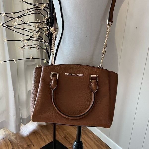 Michael Kors Womens Satchel Double Handles Snap Closure Brown Crossbody Bag
