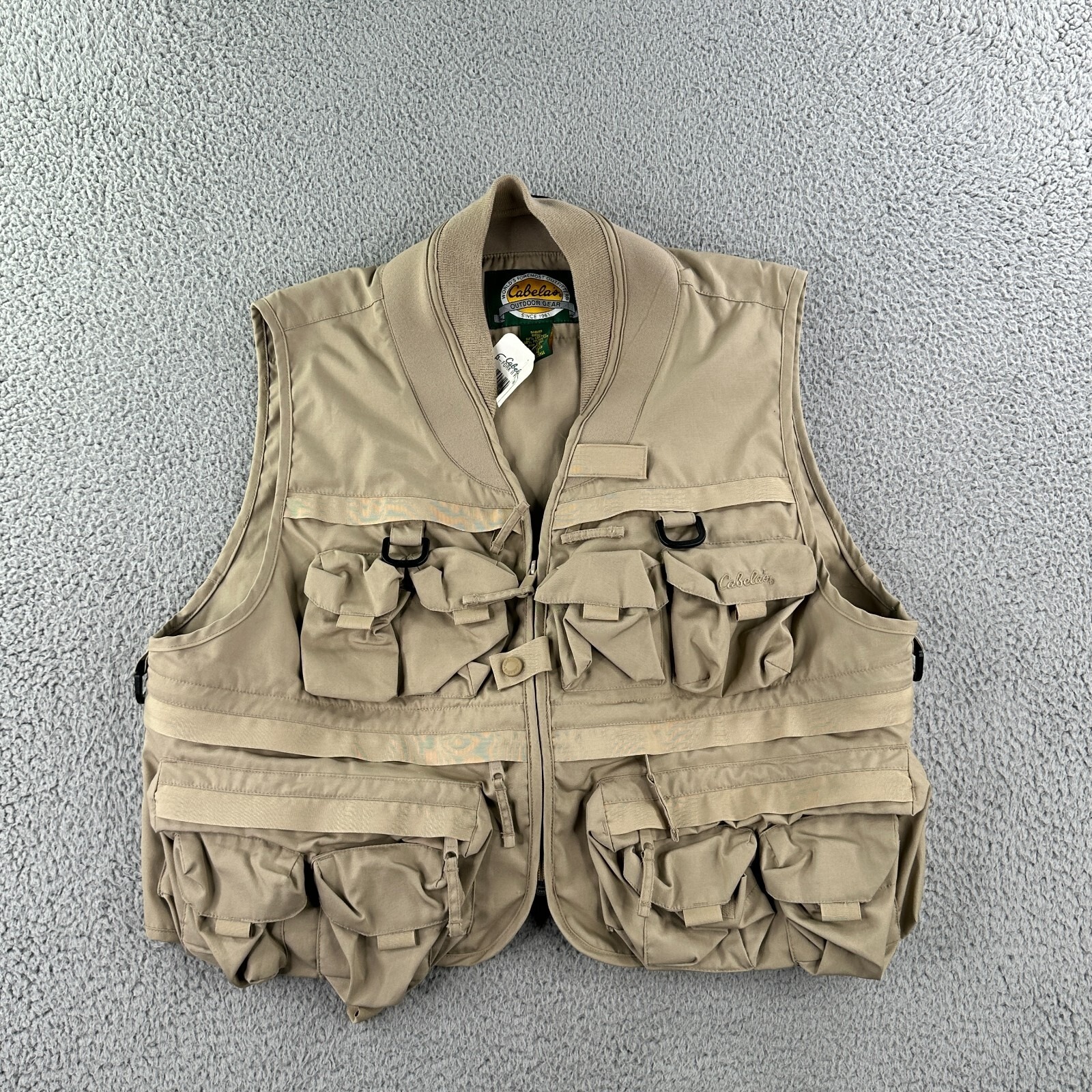 Cabelas Fly Fishing Vest Mens L Tan 3 Forks II Multi Pocket VTG Hong Kong