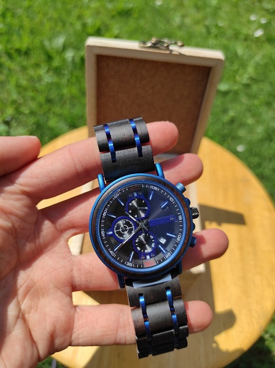 Blue men's wooden watch with new case