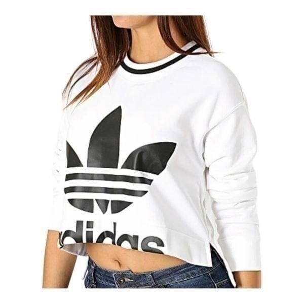 adidas Originals Sweatshirt Women’s XS White Crop Trefoil CREW Crewneck Logo NEW