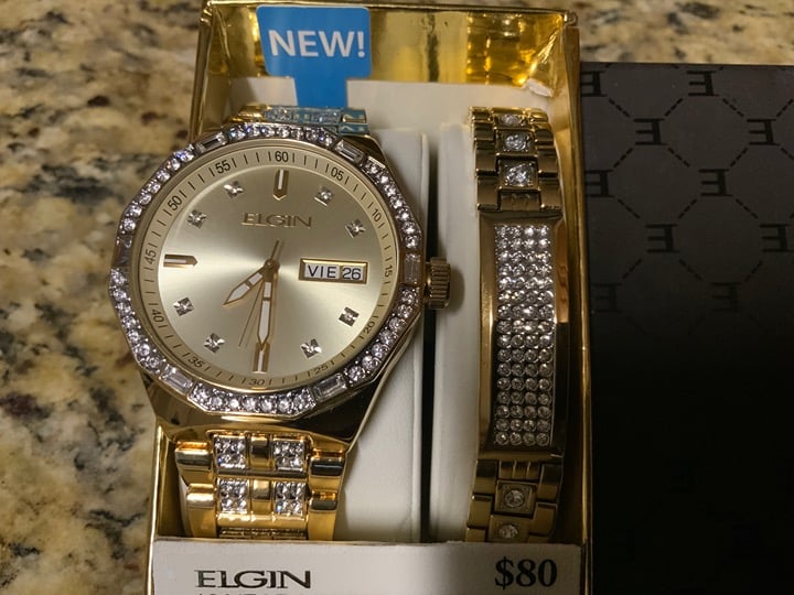 Mens Gold date* Beige Diamond Dial* Adjustable* Crystal Watch & Bracelet bundle