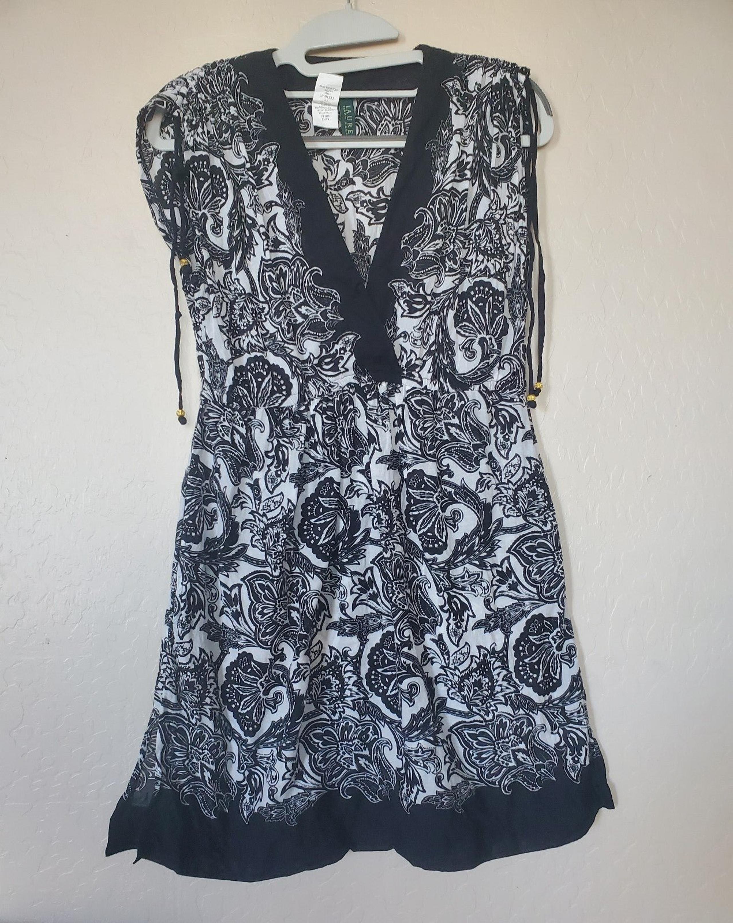 Ralph Lauren Paisley Print Black & White Sleeveless Mini Dress Size Small Petite