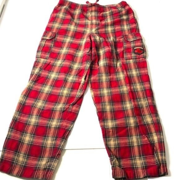 The Disney Store Vtg red plaid Mickey Mouse patch cargo pants lounge joggers
