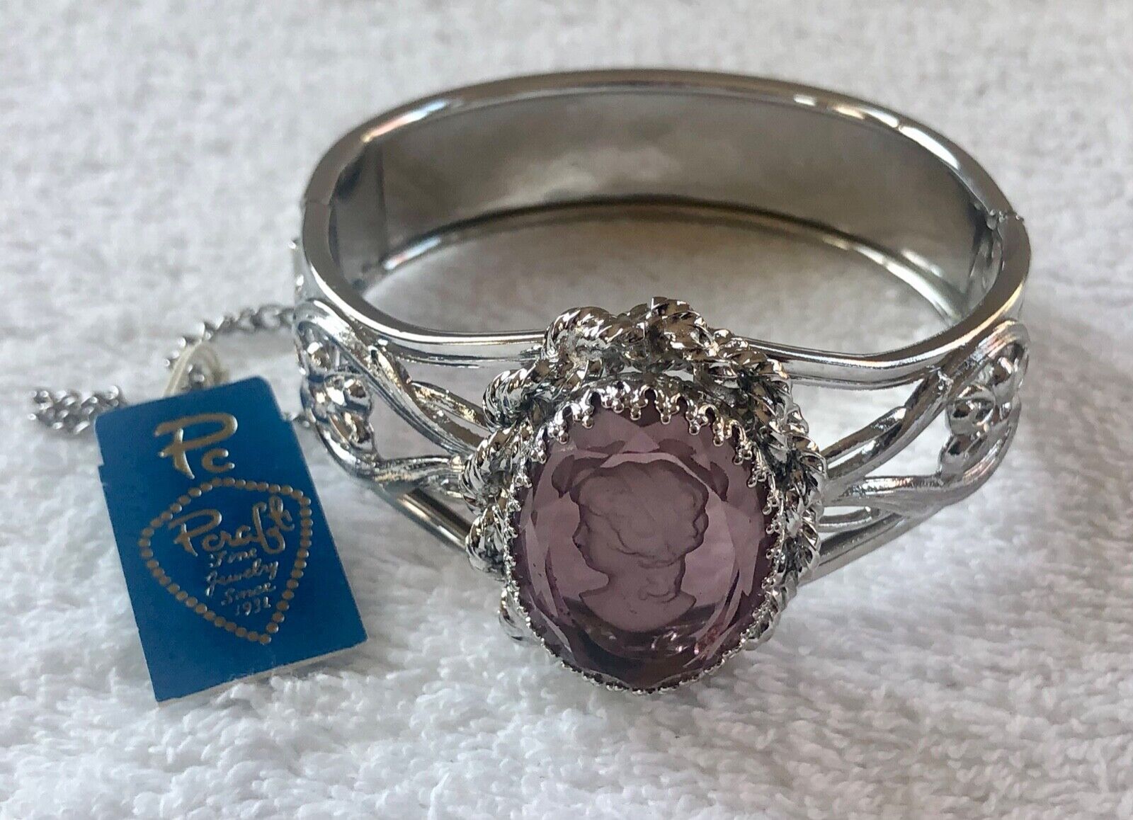 P Craft Intaglio Cameo Bracelet Purple Stone Silver-Tone Hinged Bangle