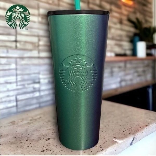 Starbucks NEW Stainless Steel Green & Blue Ombre 24 oz Tumbler with Straw