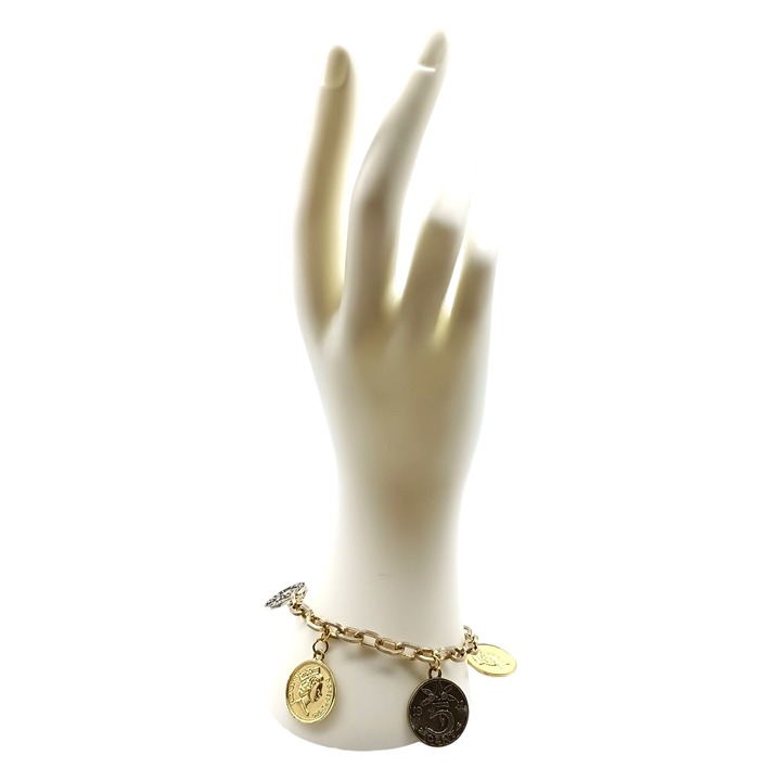 Vintage Coin Charm Bracelet with Gold & Silver Tone Coins on Chain Link Bangle