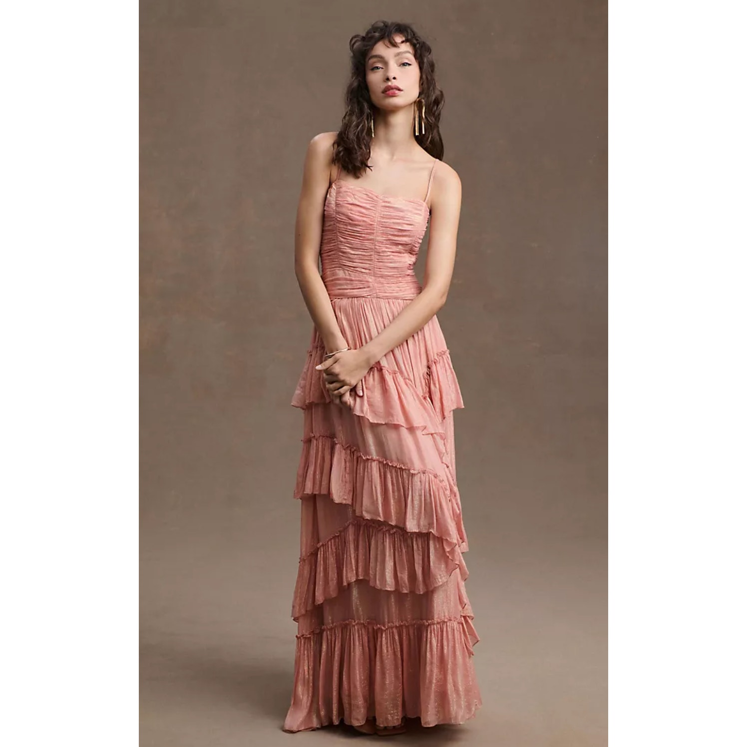NWT BHLDN Pink Rose Jessa Metallic Ruffle Tiered Midi Dress Size 8