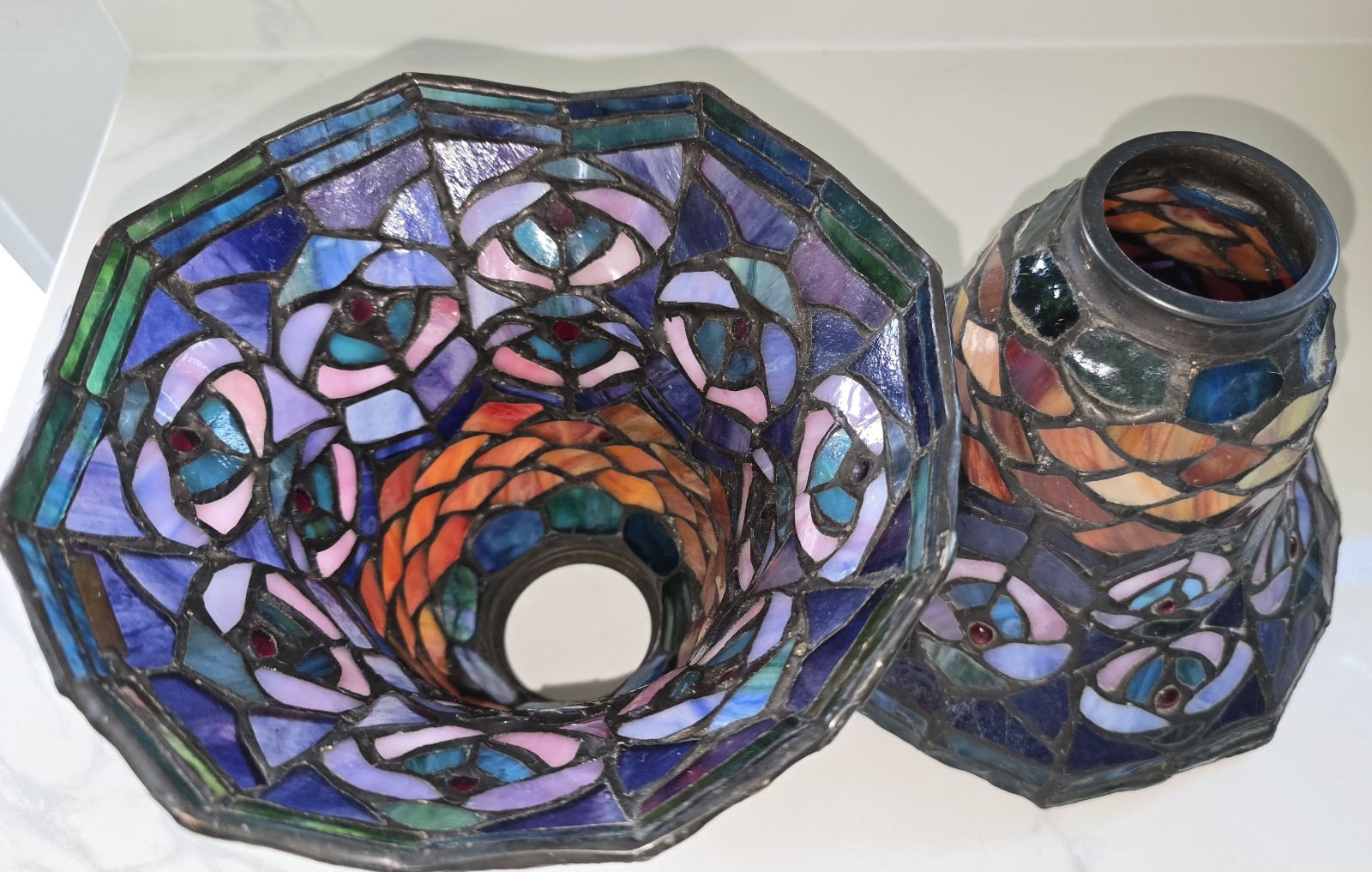 Tiffany Style Stained Glass Lamp Shades Peacock Feathers Set Of Two