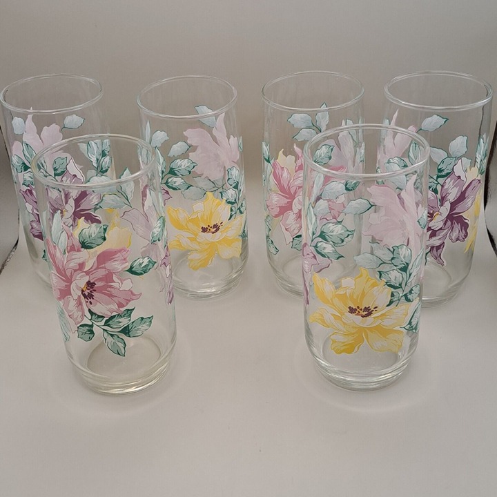 Libbey Drinking Glass Floral Hard To Find Pink Purple Yellow Flower 16 oz Set 6