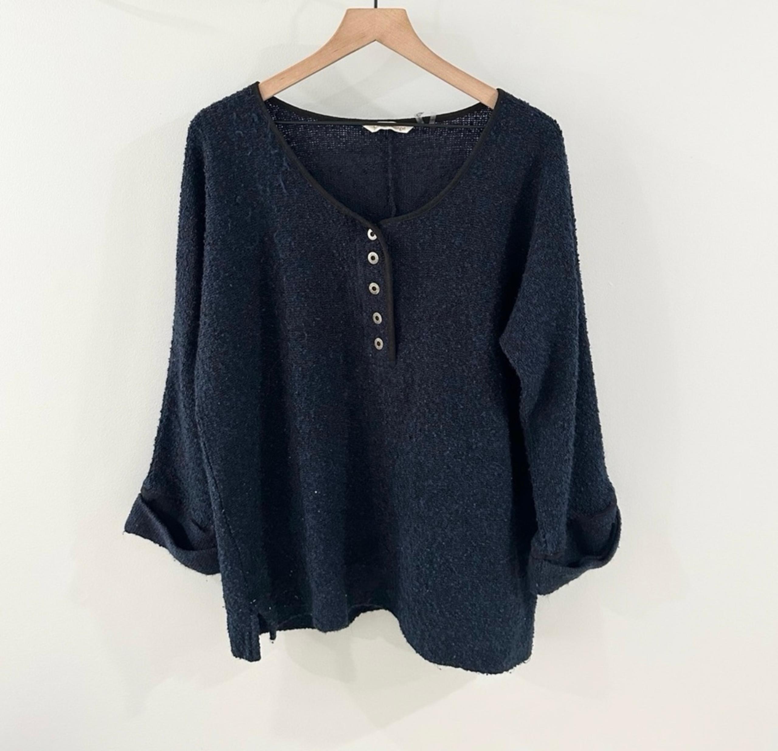 Soft Surroundings Quarter Button Textured Sweater Black & Blue Size Large