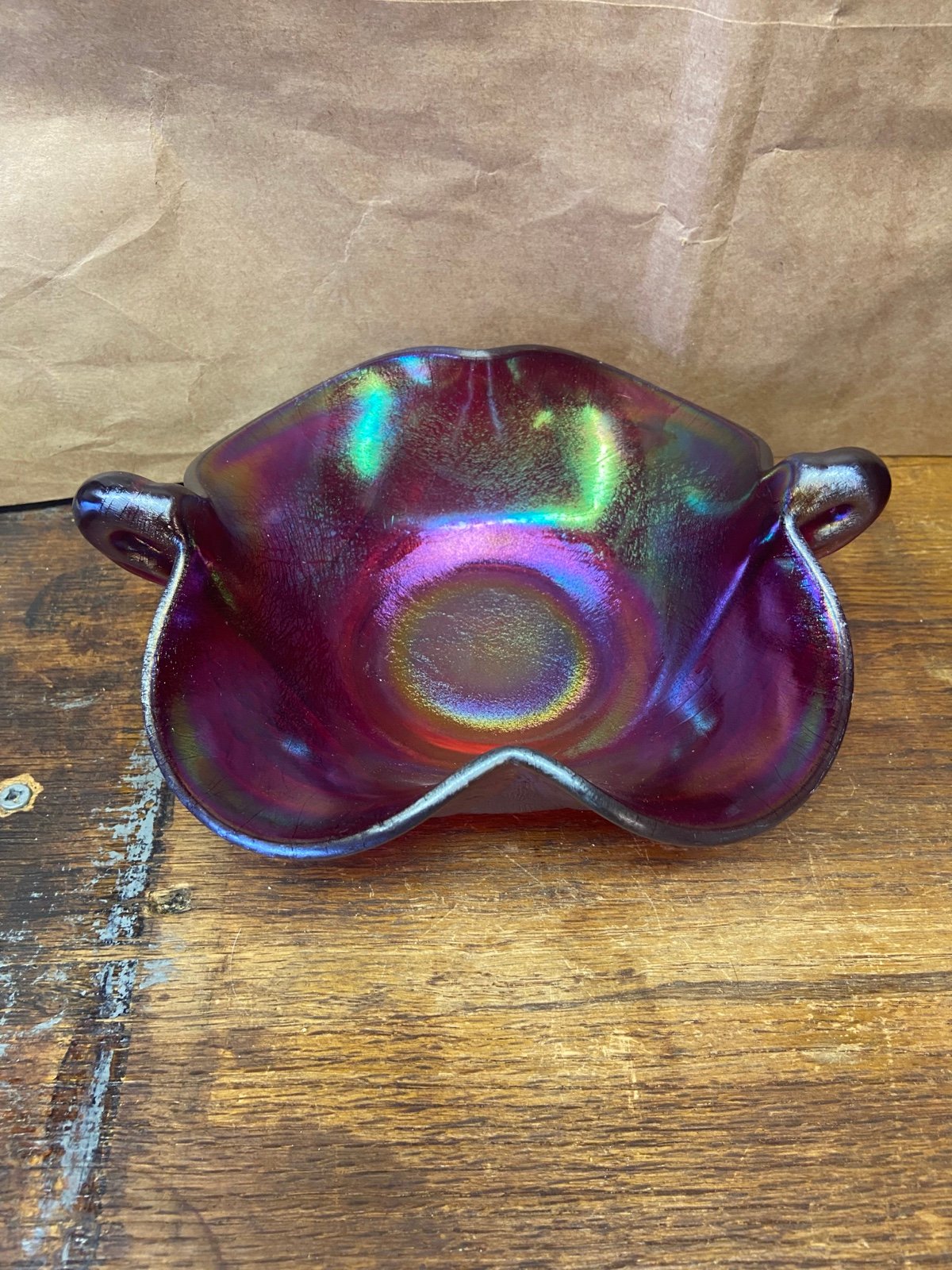 Antique vintage vtg amethyst iridescent carnival Glass trinket candy dish bowl