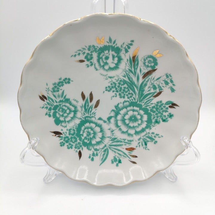 Lomonosov Russian Porcelain 8.5 Serving Dish Bowl Scalloped Green Floral USSR