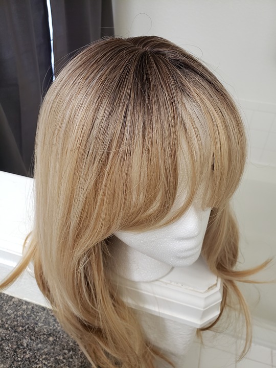 Long ash blonde wig with fringe bang
