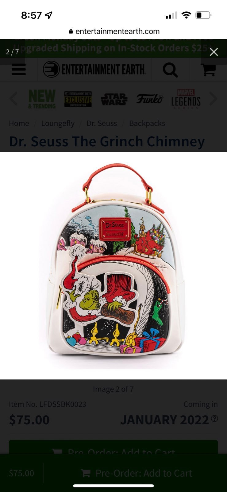 NWT Dr. Seuss The Grinch Chimney Thief Mini Backpack Brand New
