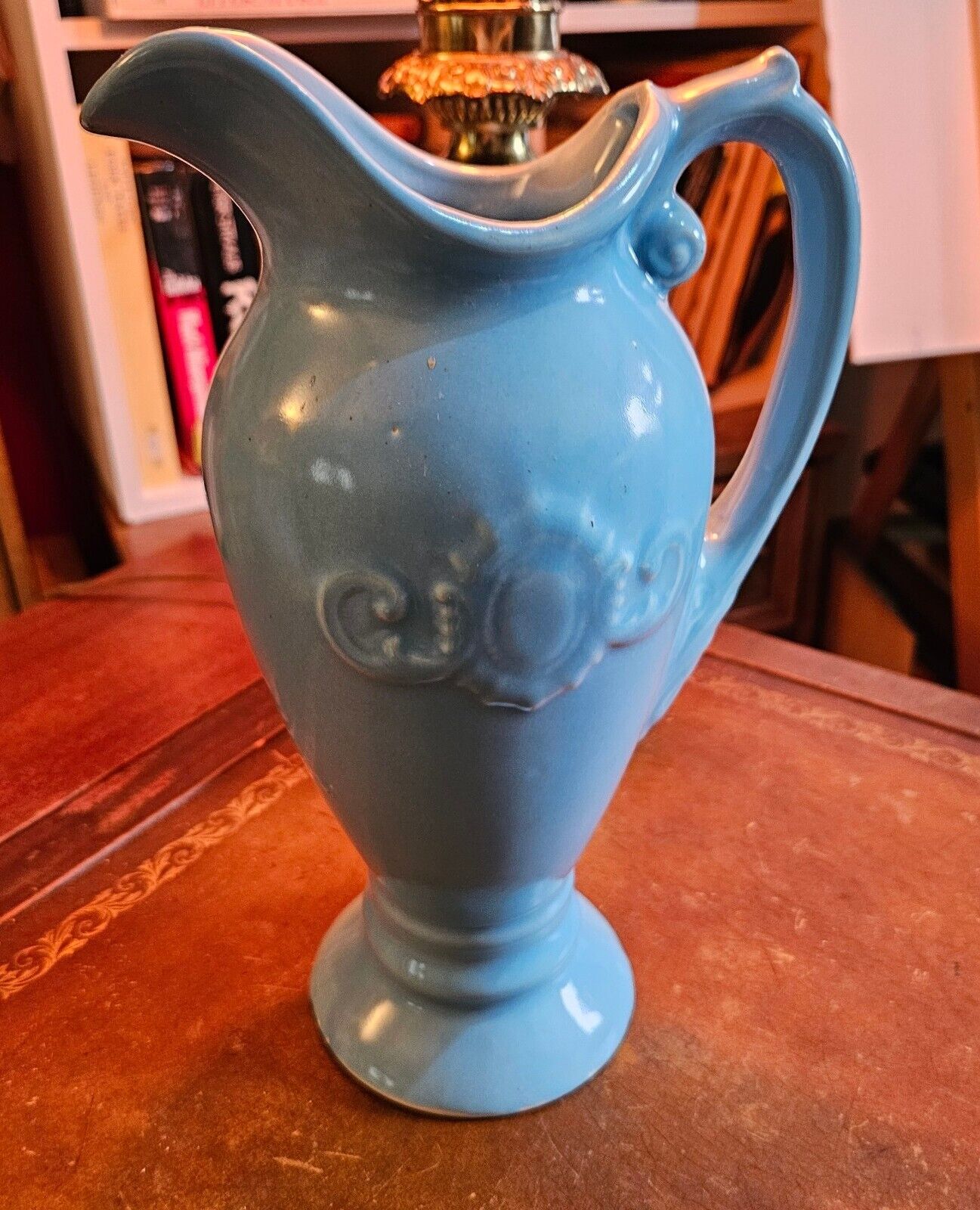Robin Egg Blue Large Pitcher Ceramic Embossed Flower 12 × 7 Vintage Pottery